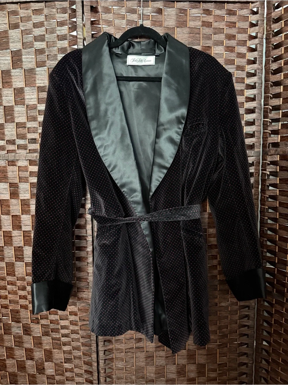 Saks Fifth Avenue Black Velvet Polka Dot Smoking Jacket Satin Collar theater